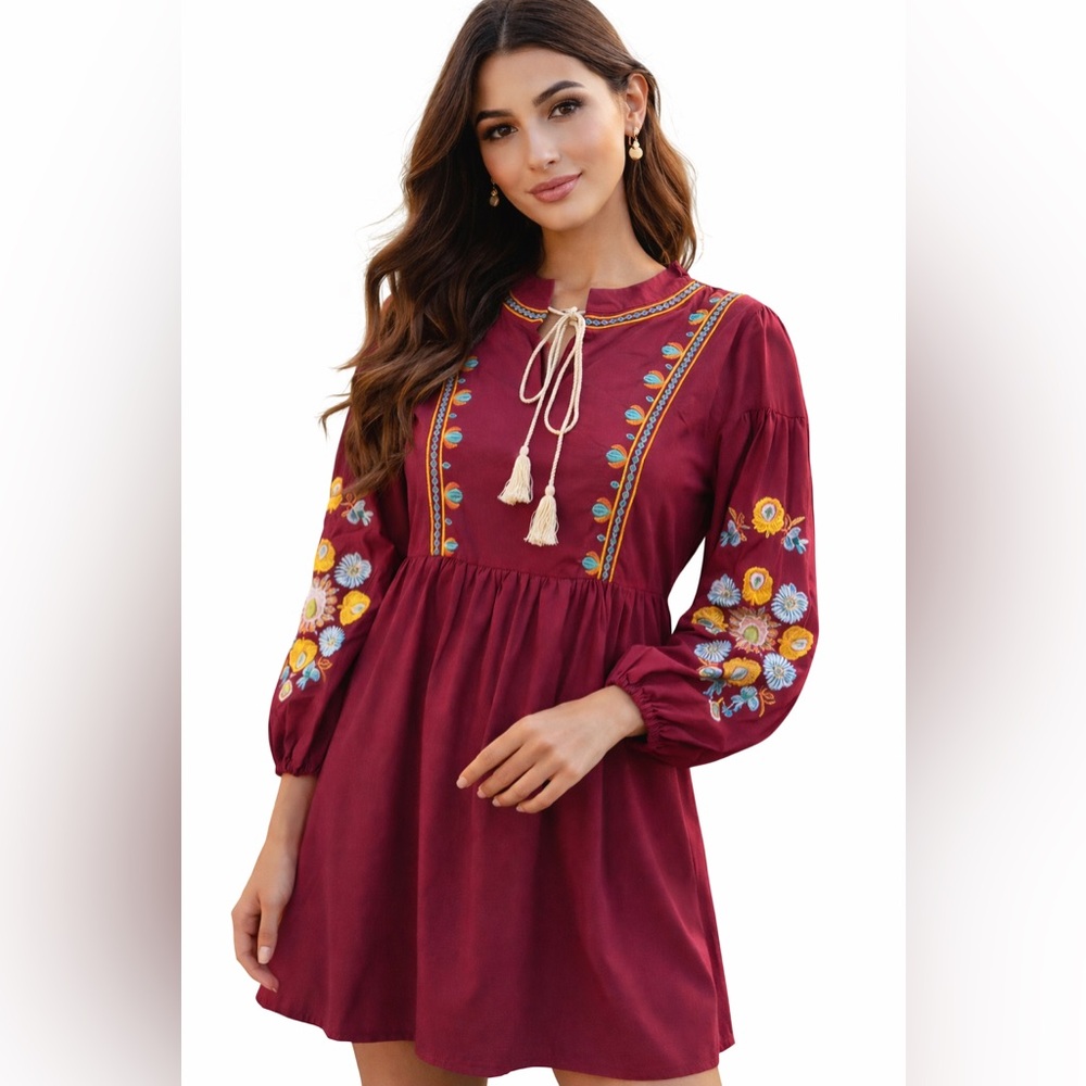 Boho Embroidered‎ Burgundy Peasant Mini Dress Floral Sleeve Festival Cottagecore